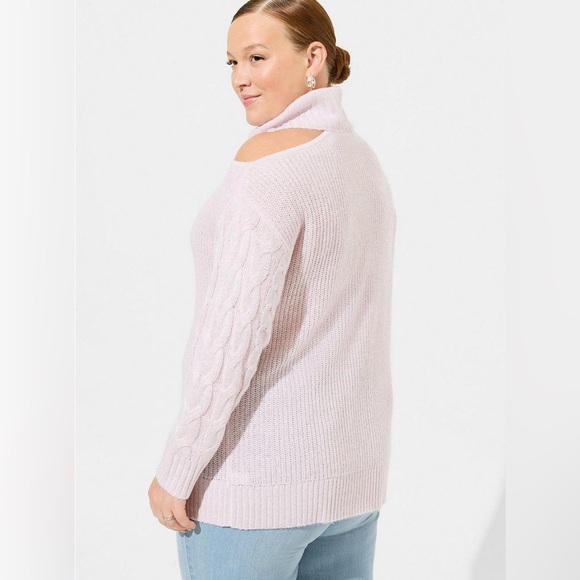 TORRID Lurex Cable Pullover Cold Shoulder Turtle Neck Sweater Baby Pink NWT 3X - Picture 2 of 4